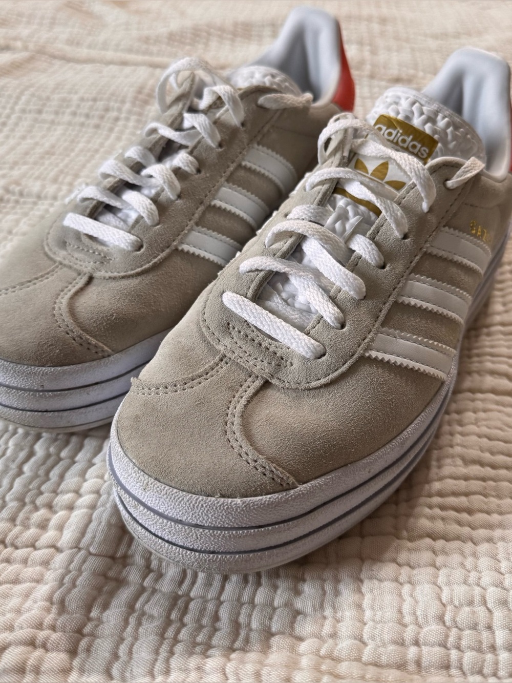adidas Women’s Suede Platform Sneakers in Light Gray with Red Heel